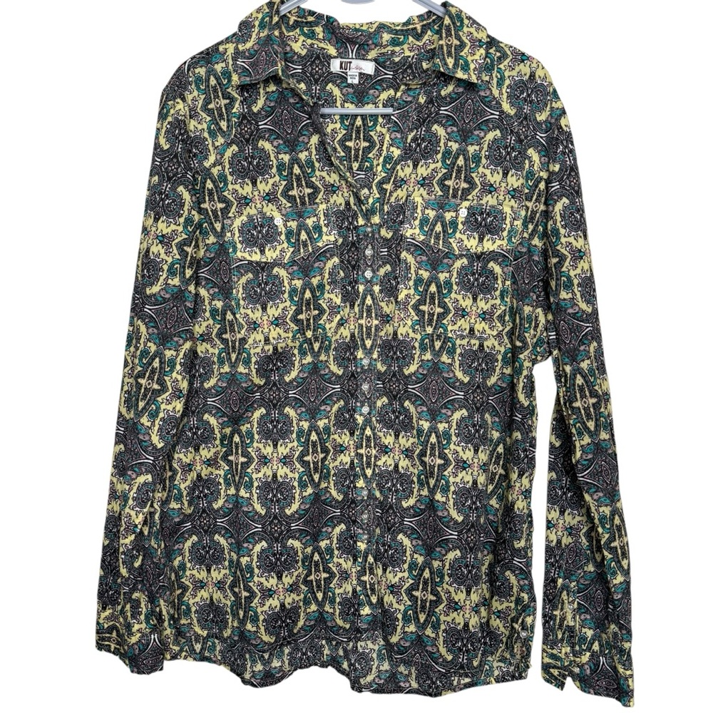 Kut Women’s Black and Green V Neck Button Up Blouse Size L Pockets